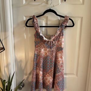 Women’s Altar'd State Patchwork Ruffle Mini Dress Pink and Blue, Sz XS